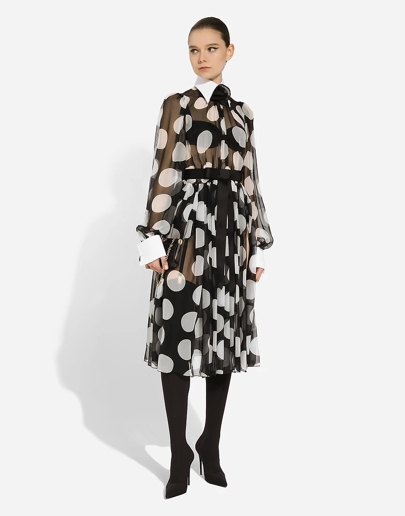 Polka-dot chiffon calf-length dress with piqué details