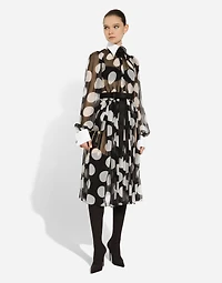 Polka-dot chiffon calf-length dress with piqué details