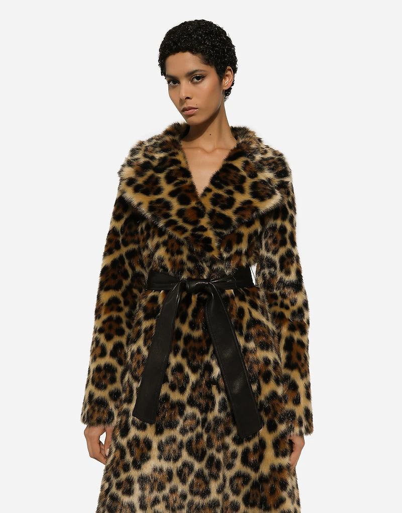 Long leopard-print faux fur coat