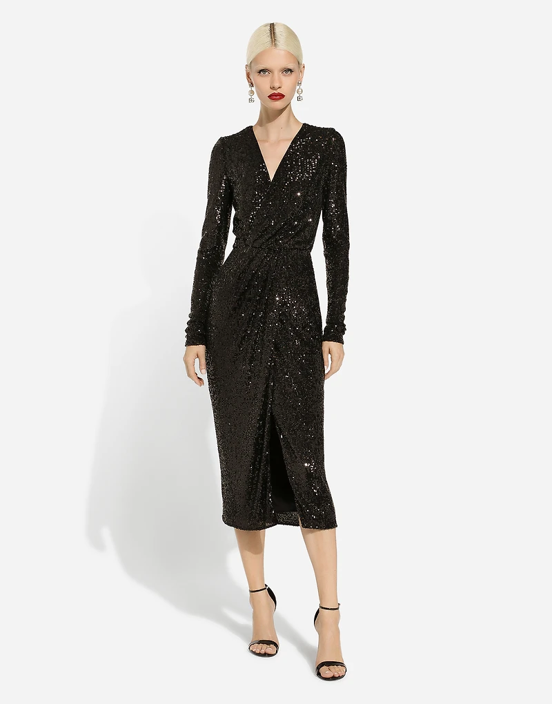 Micro-sequined calf-length dress