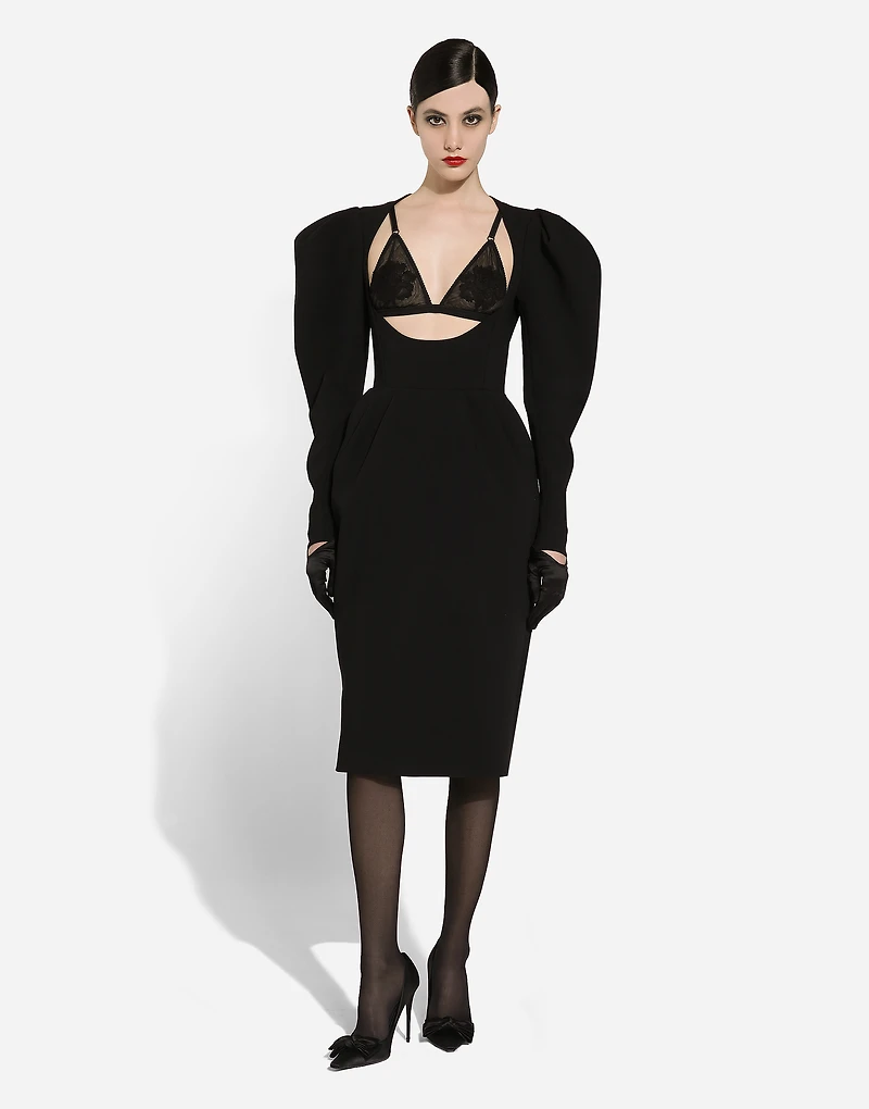 Calf-length wool dress with open neckline