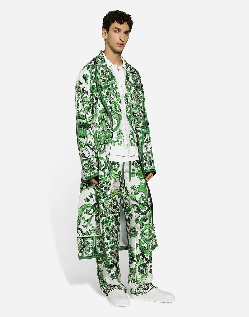 Silk twill robe with majolica print