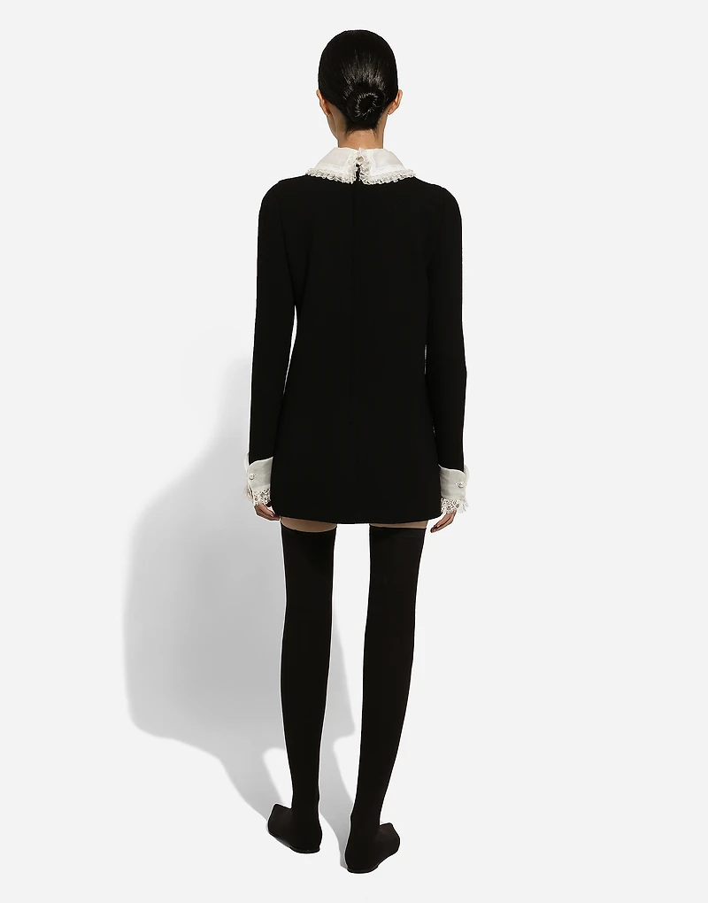 Short wool crepe dress with organza shirt front
