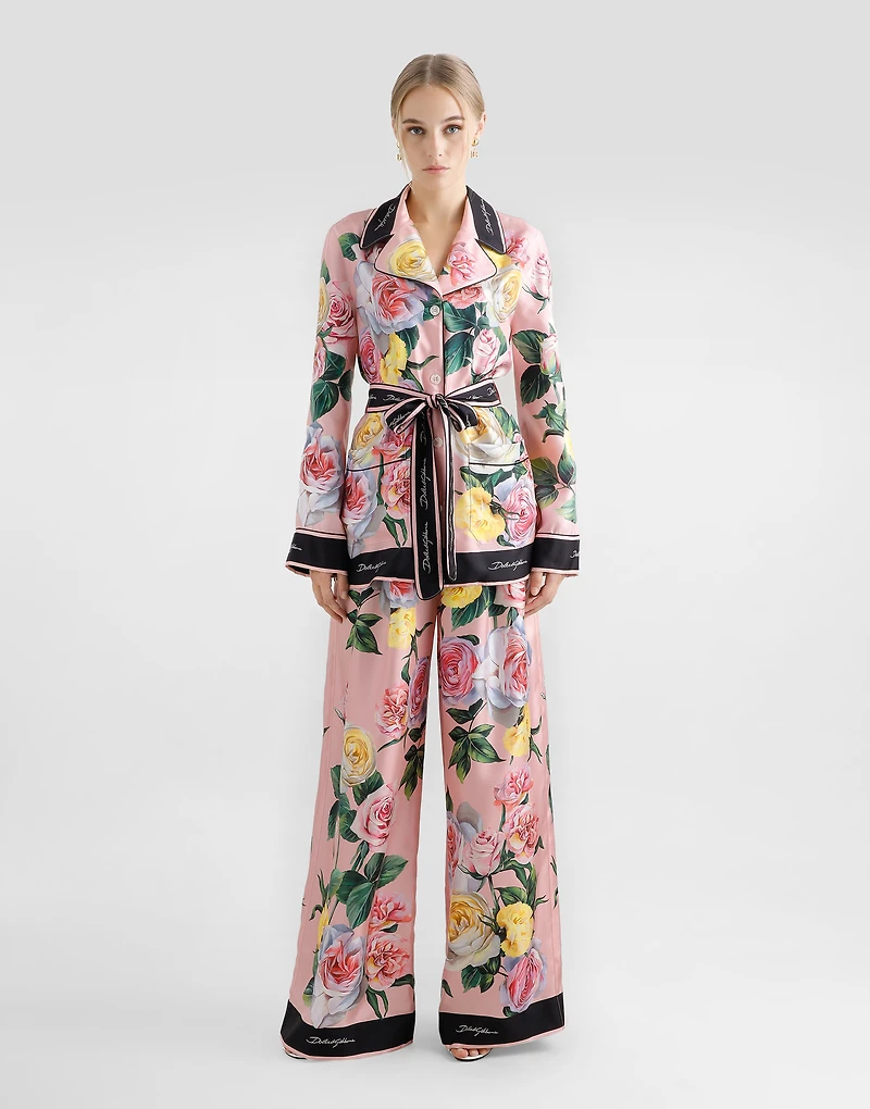 Silk pajama pants with rose and peony print
