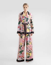 Silk pajama pants with rose and peony print
