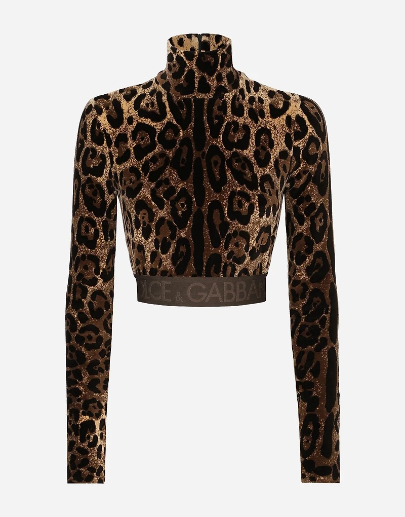 Chenille turtle-neck top with jacquard leopard design