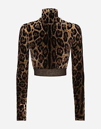 Chenille turtle-neck top with jacquard leopard design