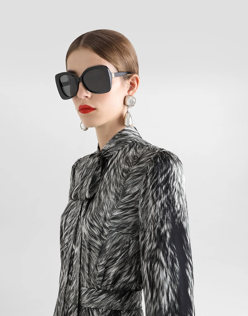 Fur-print calf-length shirt dress with pussy-bow