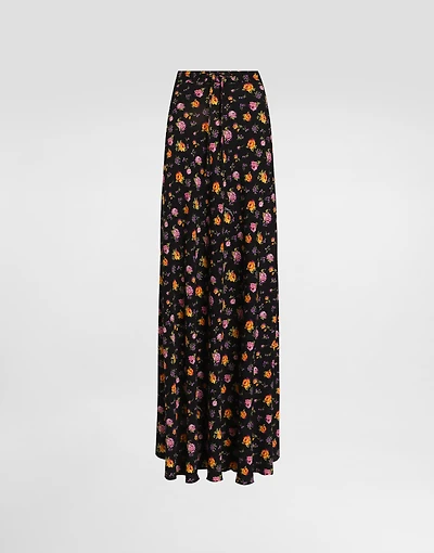 Small rose bouquets-print flared charmeuse skirt