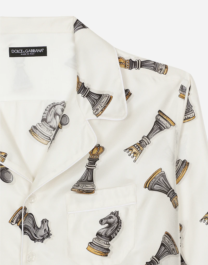 Silk twill shirt with chess-piece print