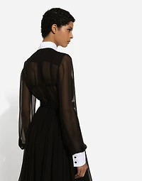 Chiffon midi shirt dress with piqué cuffs and front