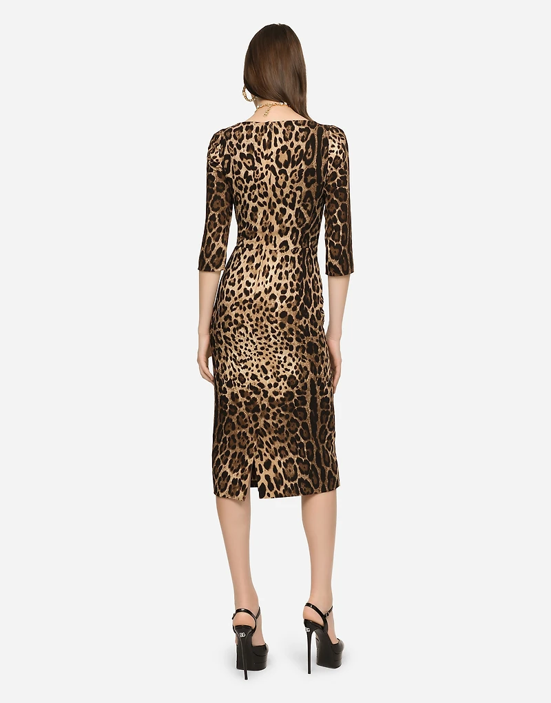 Leopard-print calf-length cady dress