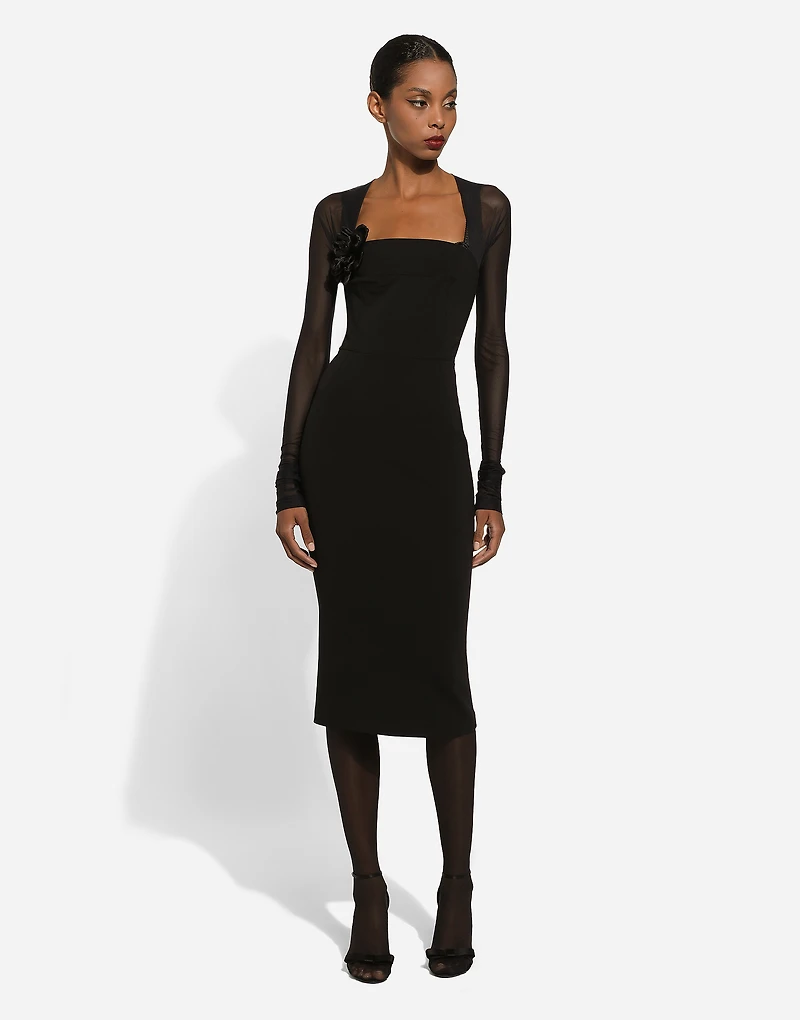 Jersey calf-length dress with tulle sleeves