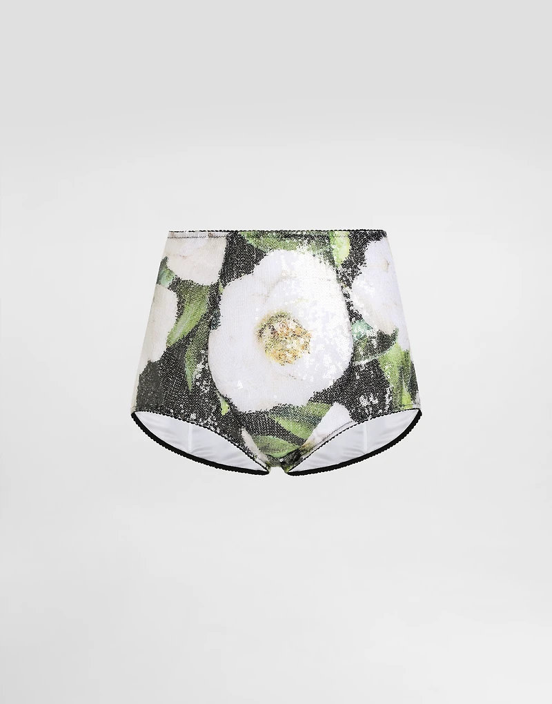 Sequin-embroidered cady high-waisted panties with gardenia print