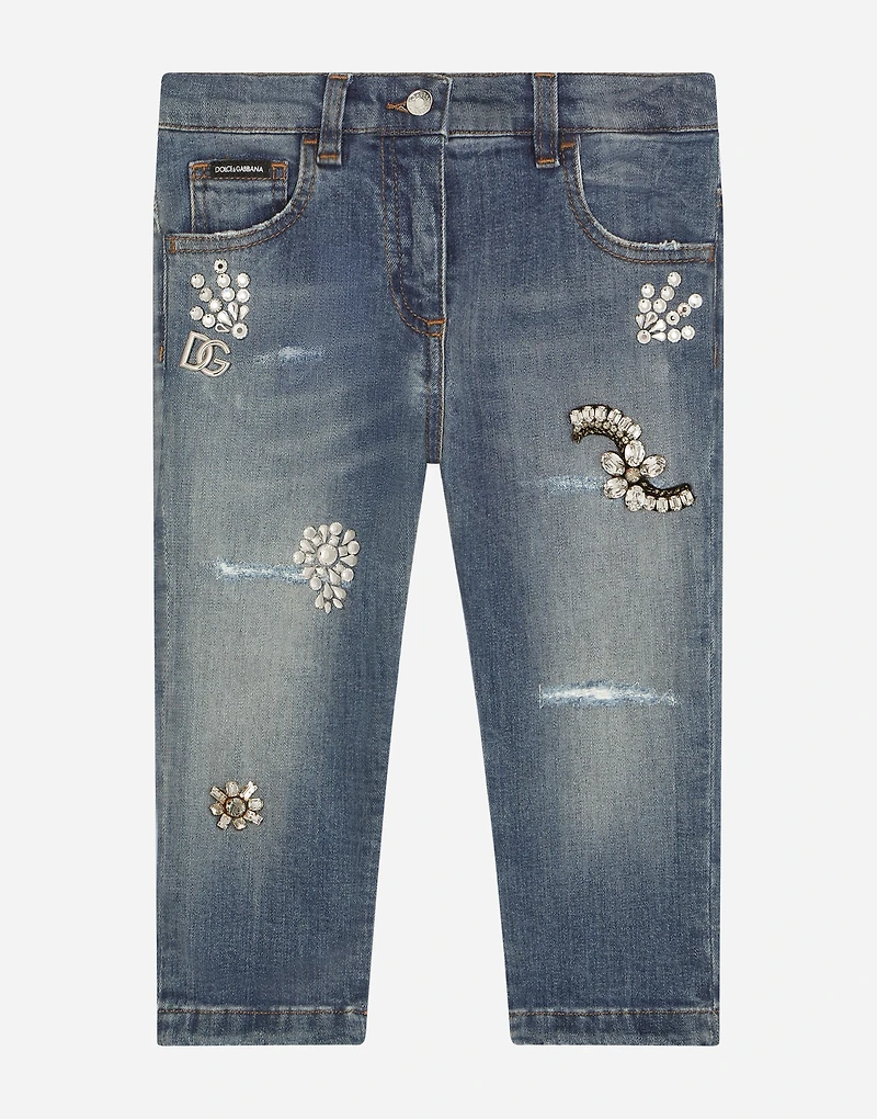 Stretch denim jeans with bejeweled embellishment