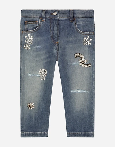 Stretch denim jeans with bejeweled embellishment
