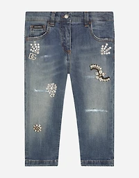 Stretch denim jeans with bejeweled embellishment