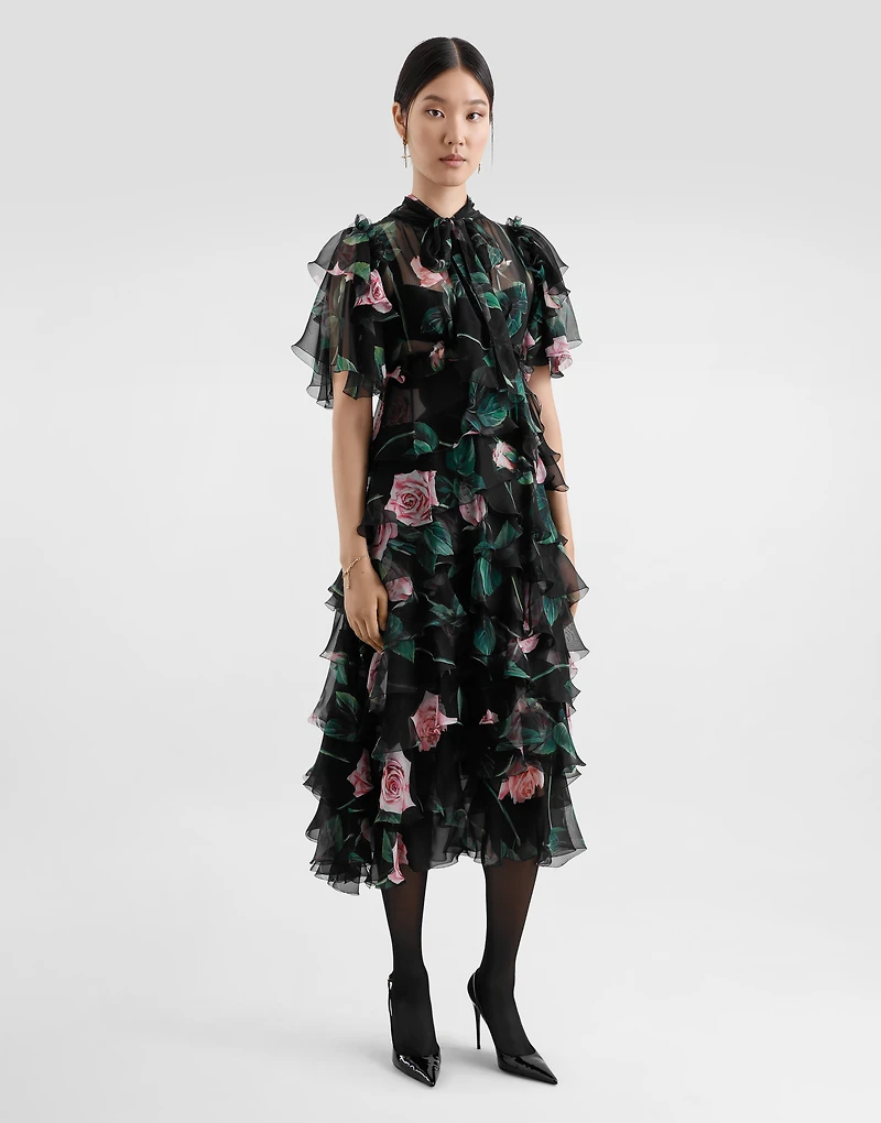 Rose-print chiffon calf-length dress with ruffles and flounces