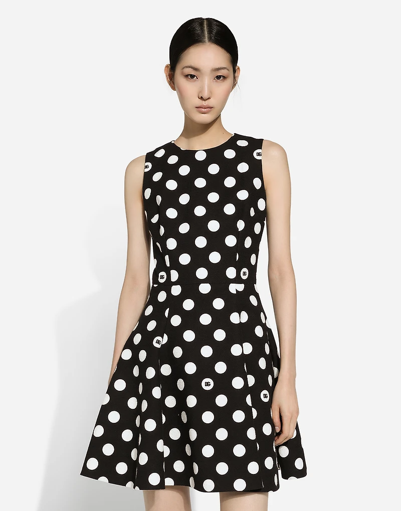 Short cotton rush-stitch brocade dress with polka-dot print