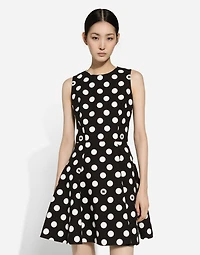 Short cotton rush-stitch brocade dress with polka-dot print