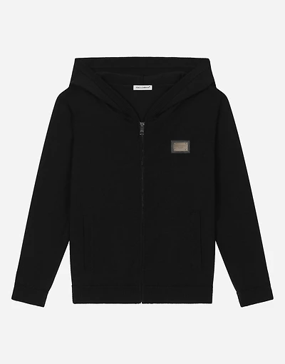 Zip-up plain knit hooded cardigan with logo tag