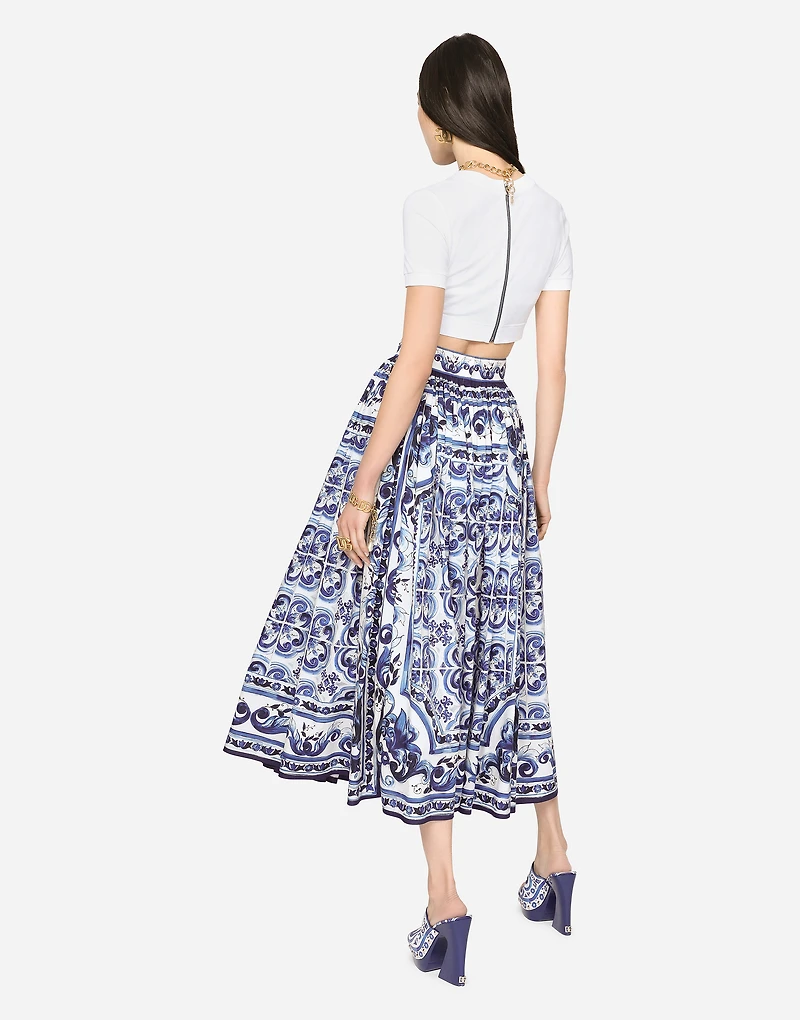 Majolica-print poplin calf-length skirt