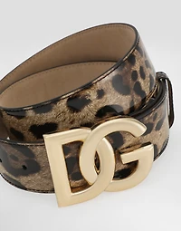Leopard-print glossy calfskin belt with DG logo