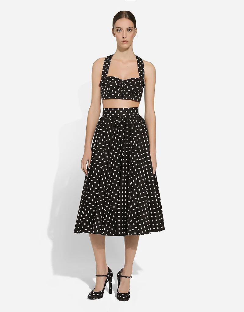 Cotton calf-length circle skirt with polka-dot print