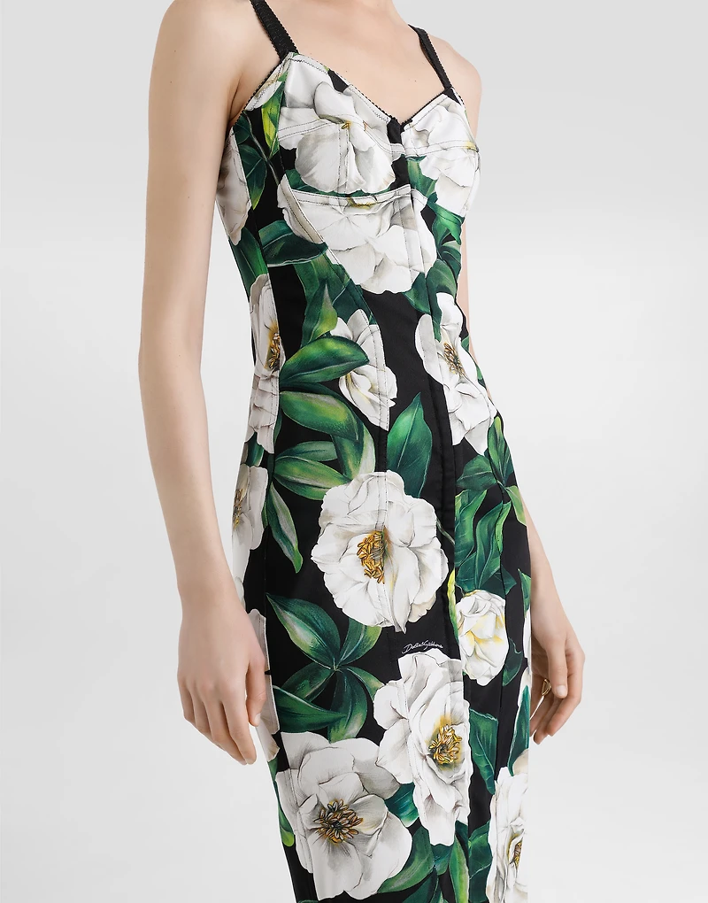 Stretch marquisette midi dress with gardenia print
