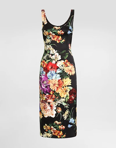 Flower-print fitted satin dress