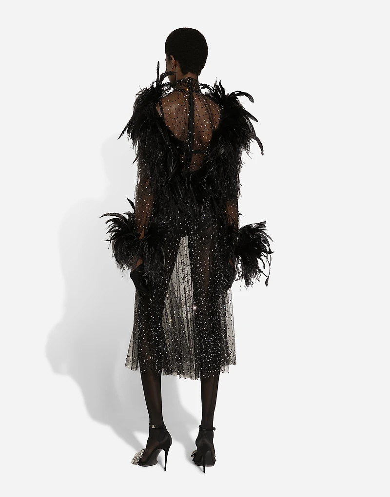Calf-length stretch tulle dress with fusible rhinestones and rooster ostrich feather embellishment