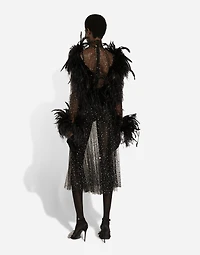 Calf-length stretch tulle dress with fusible rhinestones and rooster ostrich feather embellishment