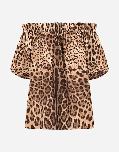 Short-sleeved leopard-print poplin top