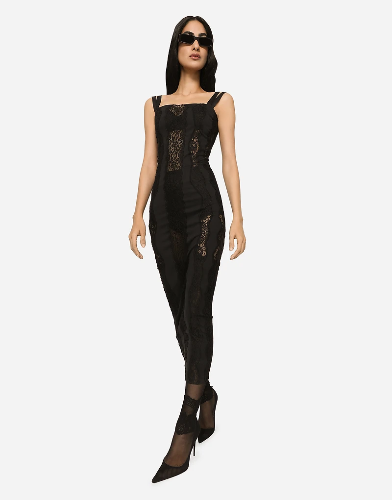 Jersey calf-length dress with lace inserts