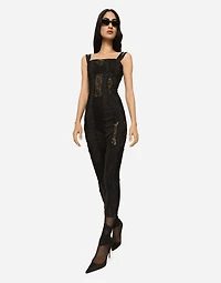 Jersey calf-length dress with lace inserts