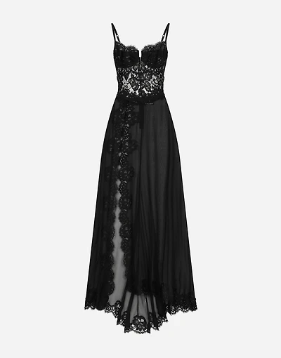 Long silk chiffon and Chantilly lace slip dress
