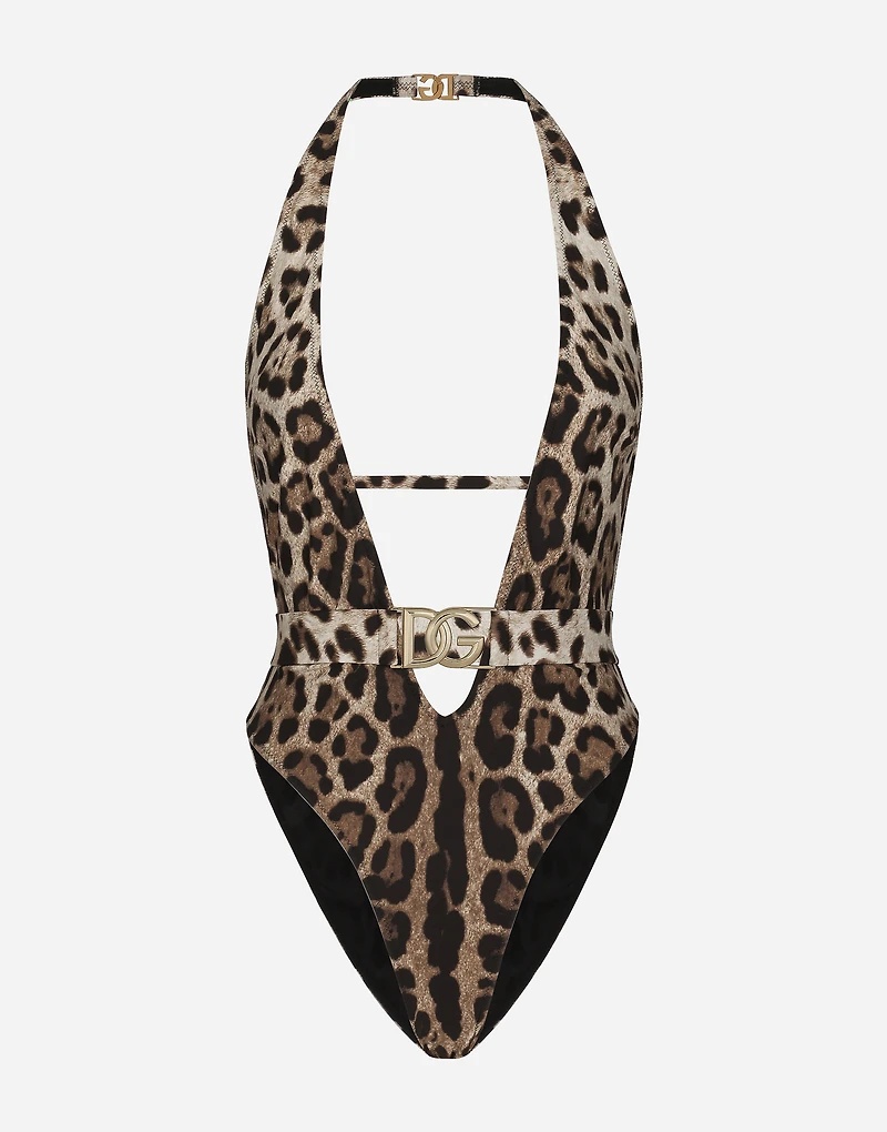 Leopard-print one-piece swimsuit with belt