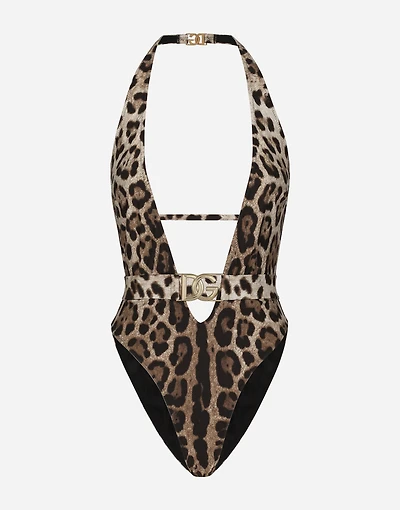 Leopard-print one-piece swimsuit with belt