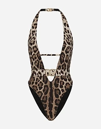 Leopard-print one-piece swimsuit with belt