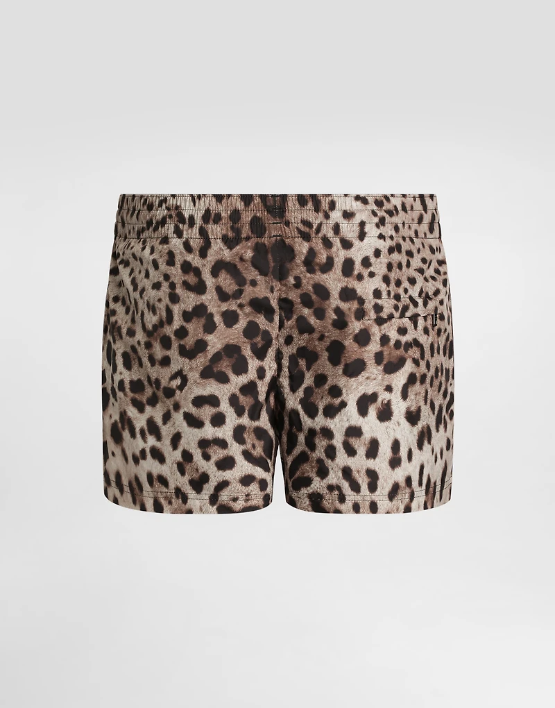 Short swim trunks with leopard print