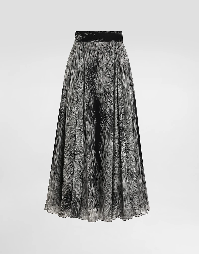 Chiffon calf-length circle skirt with fur print