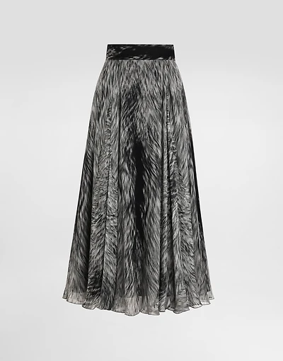 Chiffon calf-length circle skirt with fur print
