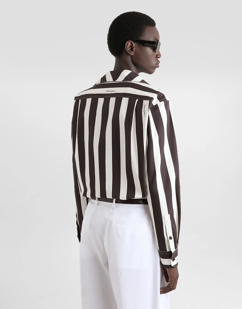 Three-button long-sleeved shirt striped cotton drill