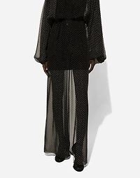 Long silk chiffon dress with polka-dot print, a pussy-bow detail and flower on neck