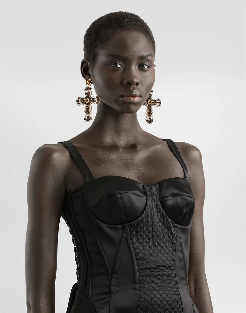 Strapless satin dress with corset details