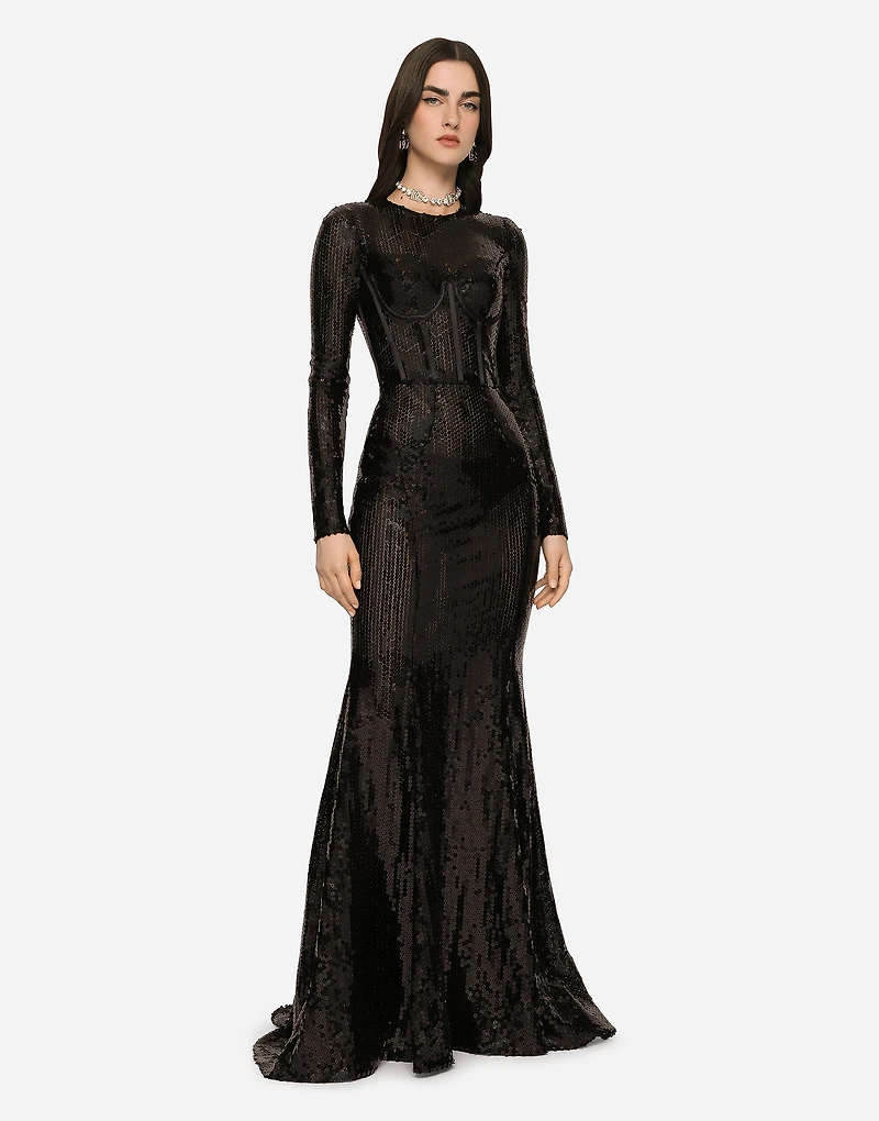 Long sequined dress with corset detailing
