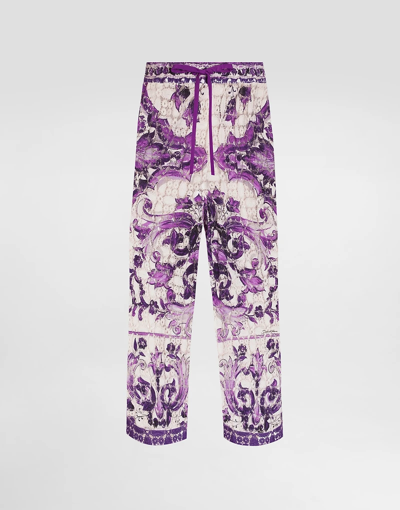 Majolica-print crochet lace trousers