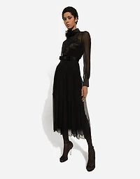 Chiffon calf-length shirt dress with satin details