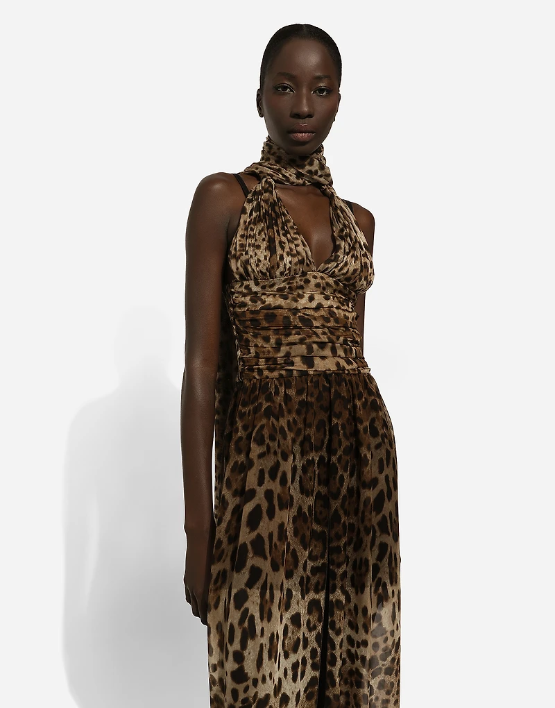 Long leopard-print chiffon dress