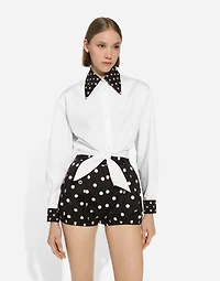 Cropped cotton poplin shirt with knot detail and polka-dot print